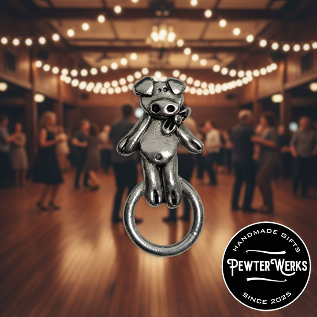 Handmade Pewter Eyeglass / ID Badge Holder Pin 'Dancing Pig' Gift Bag Included.