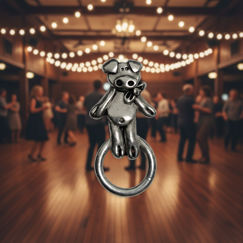 Handmade Pewter Eyeglass / ID Badge Holder Pin 'Dancing Pig' Gift Bag Included.