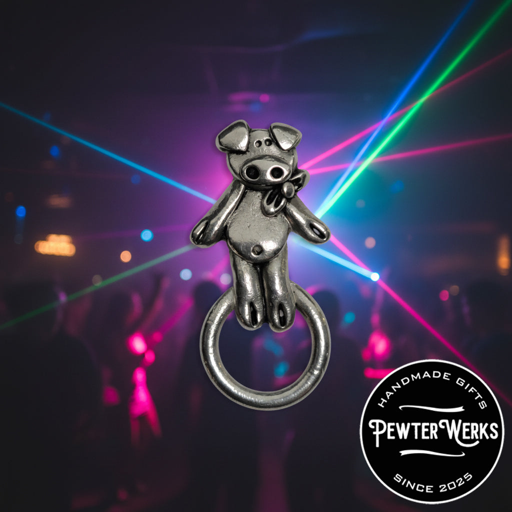 Handmade Pewter Eyeglass / ID Badge Holder Pin 'Dancing Pig' Gift Bag Included.