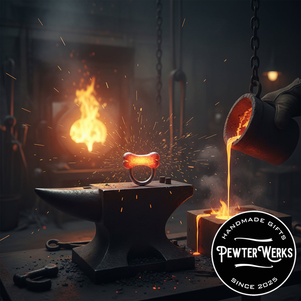A pewter 'Dog Bone' being forged red hot on top of an anvil in a blacksmith shop. PewterWerks logo visible.