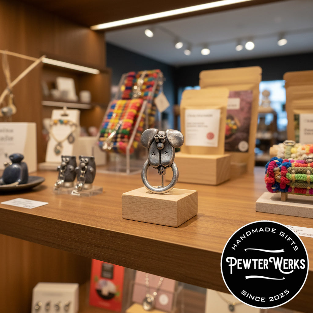 A 'Dog Face No.2' eyeglass holder on display in a gift shop with other unique items. PewterWerks logo visible.