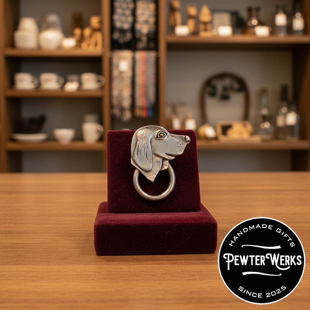 Handmade Pewter Eyeglass / ID Badge Holder Pin 'Dog Head' Gift Bag Included.