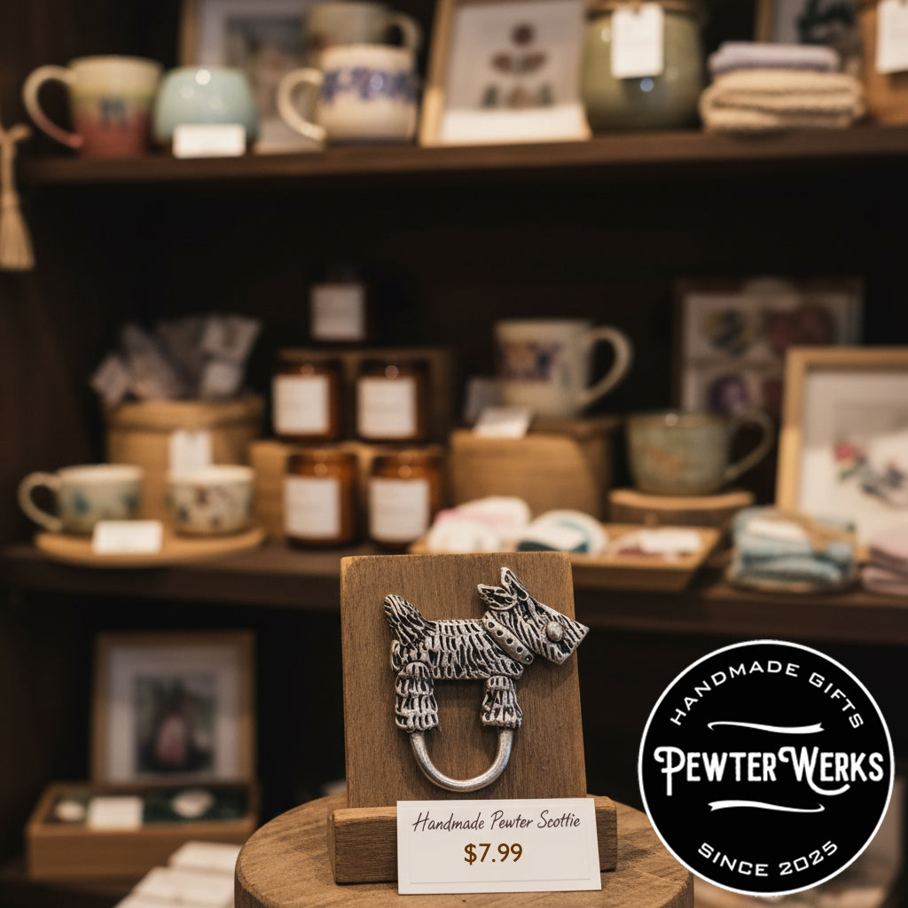 A pewter 'Dog a Scotty' eyeglass holder on display in a gift selling at $7.99. PewterWerks logo visible.