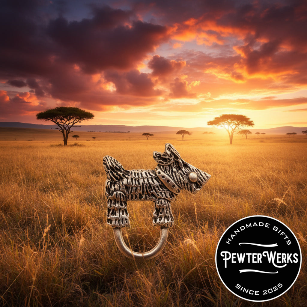 A pewter 'Dog a Scotty' eyeglass holder out on the hunt in the Serengeti in the orange glow of a beautiful sundown. PewterWerks logo visible.