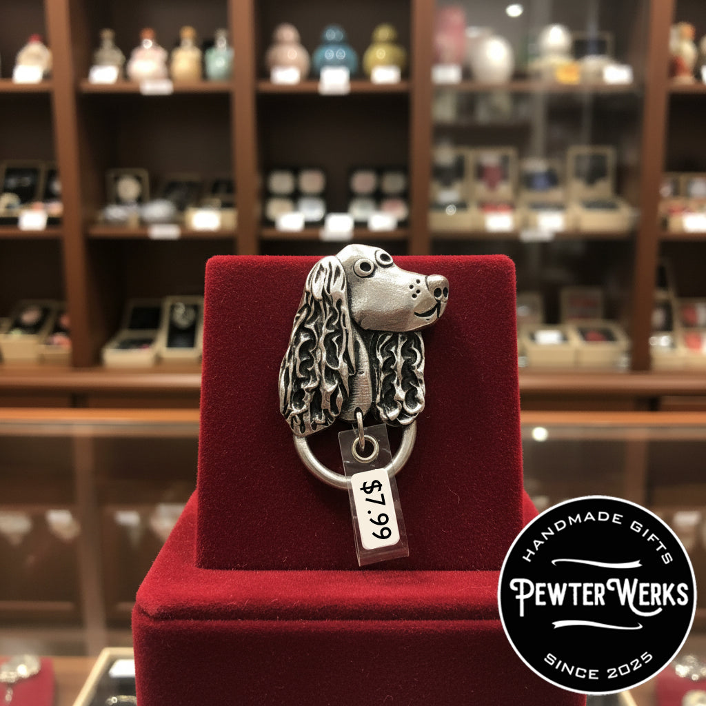 A pewter 'Dog a Spaniel' eyeglass holder on display and sale in a gift shop for $7.99. PewterWerks logo visible.