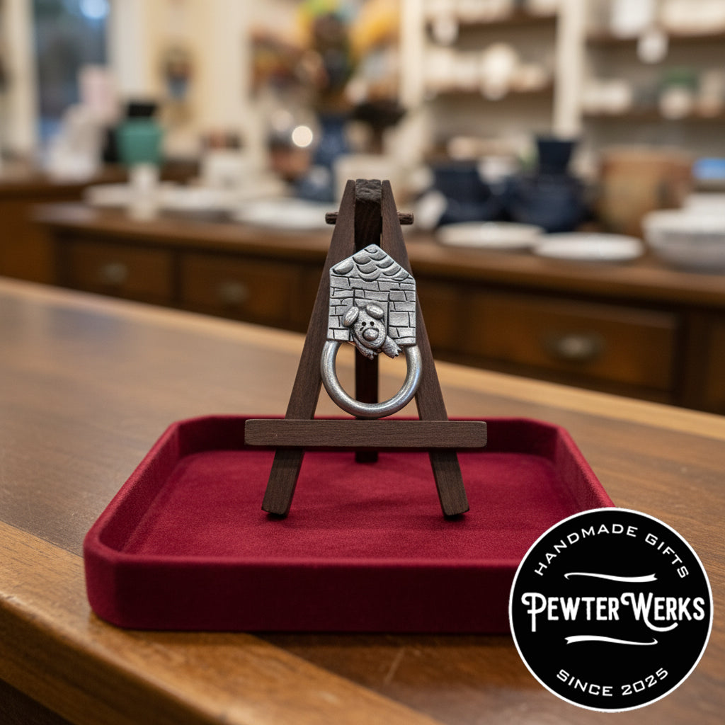 A pewter 'Doghouse' eyeglass holder sitting on an easel on display in a craft workshop. PewterWerks logo visible.