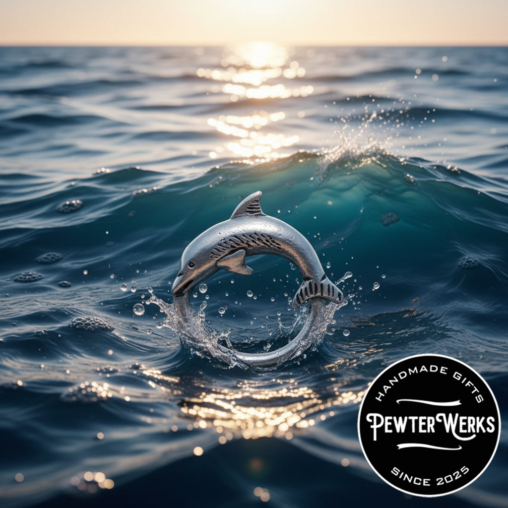 A pewter 'Dolphin' eyeglass holder jumping out of the cold ocean water at sundown. PewterWerks logo visible.
