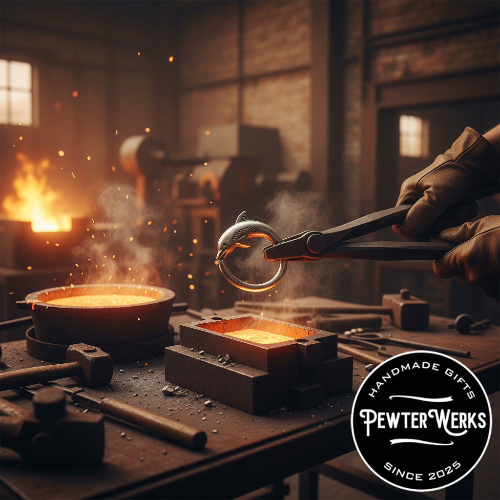 A pewter 'Dolphin' eyeglass holder being held with tongs above a vat of molten metal in a blacksmith shop up on a work table. PewterWerks logo visible.