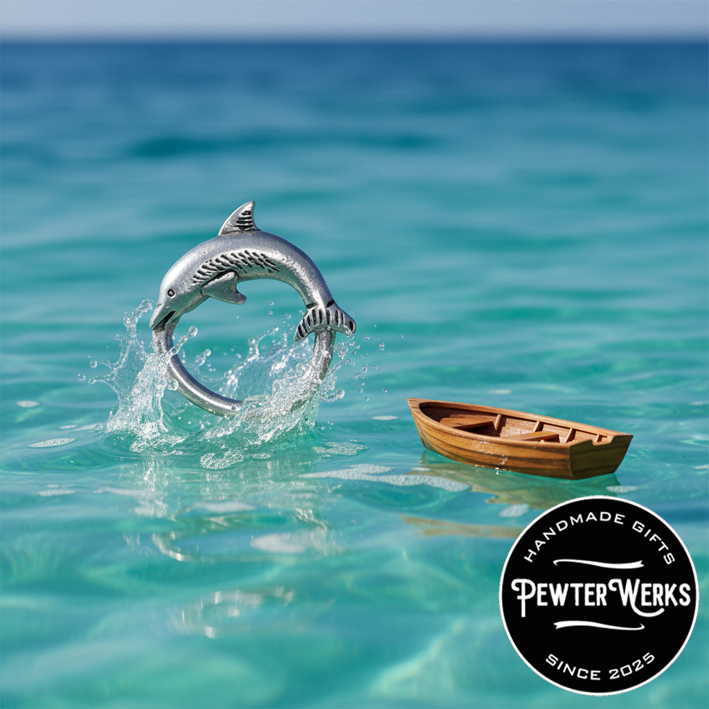 A pewter dolphin eyeglass holder jumping out of the water near a small boat in the ocean. PewterWerks logo visible.