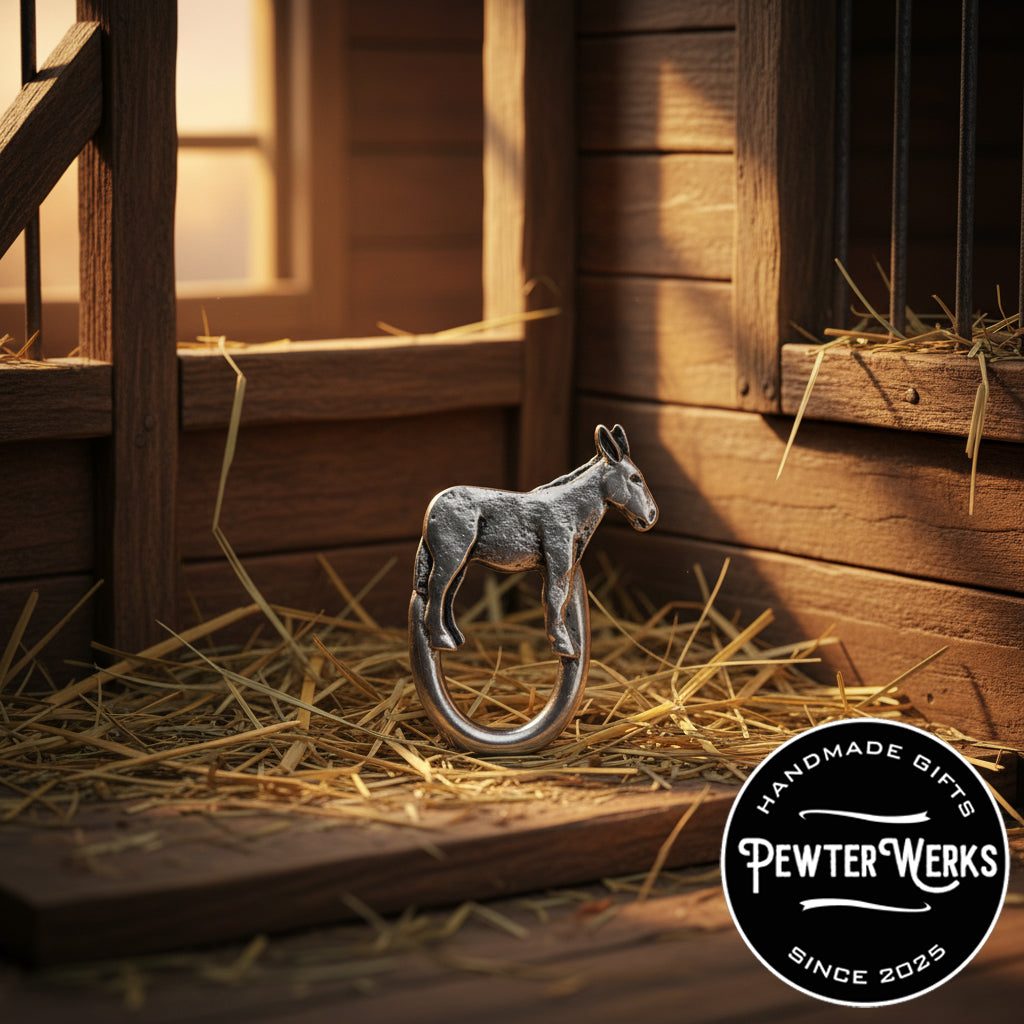 A pewter 'Donkey' eyeglass holder Hanging out in the stables waiting for lunch. PewterWerks logo visible.