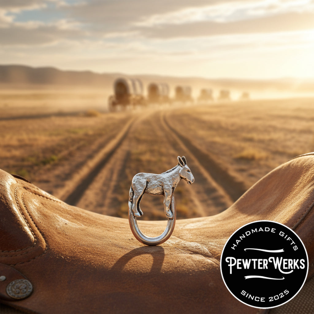 A pewter 'Donkey' eyeglass holder atop a saddle on a long dusty Cattle Drive. PewterWerks logo visible.