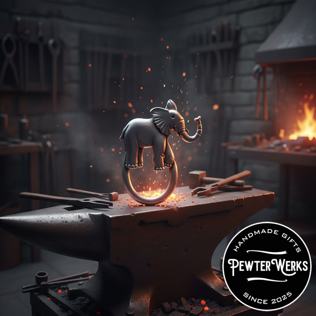 A pewter 'Elephant' eyeglass holder in a black Smith Shop on anvil With red hot metal beads popping. PewterWerks logo visible.