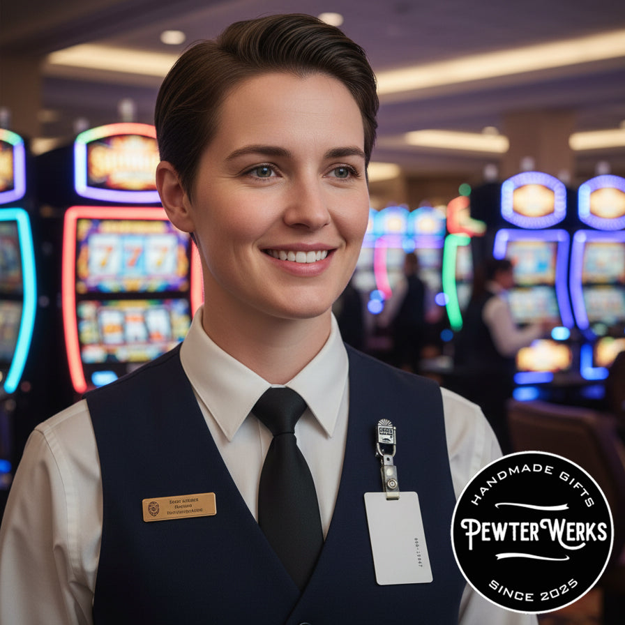 A casino worker with an ID badge clipped to 'Slot Machine' Eyeglass Holder pinned to her vest. PewterWerks logo visible.