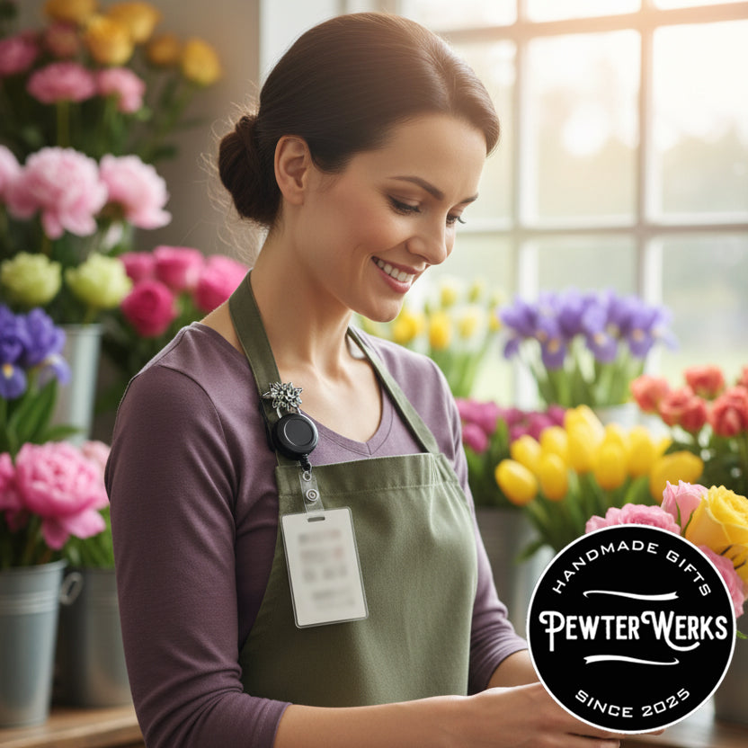 An ID Badge connected to a Badge Reel clipped to an 'Flower No.1' Eyeglass Holder worn by a floral worker. PewterWerks logo visible.