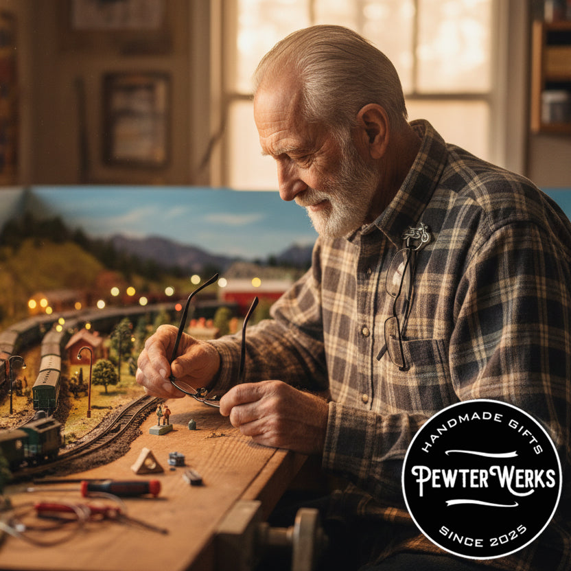 A senior man working on a train set with his glasses hanging from a 'Motorcycle No.3' Eyeglass Holder pinned to his shirt. PewterWerks logo visible.