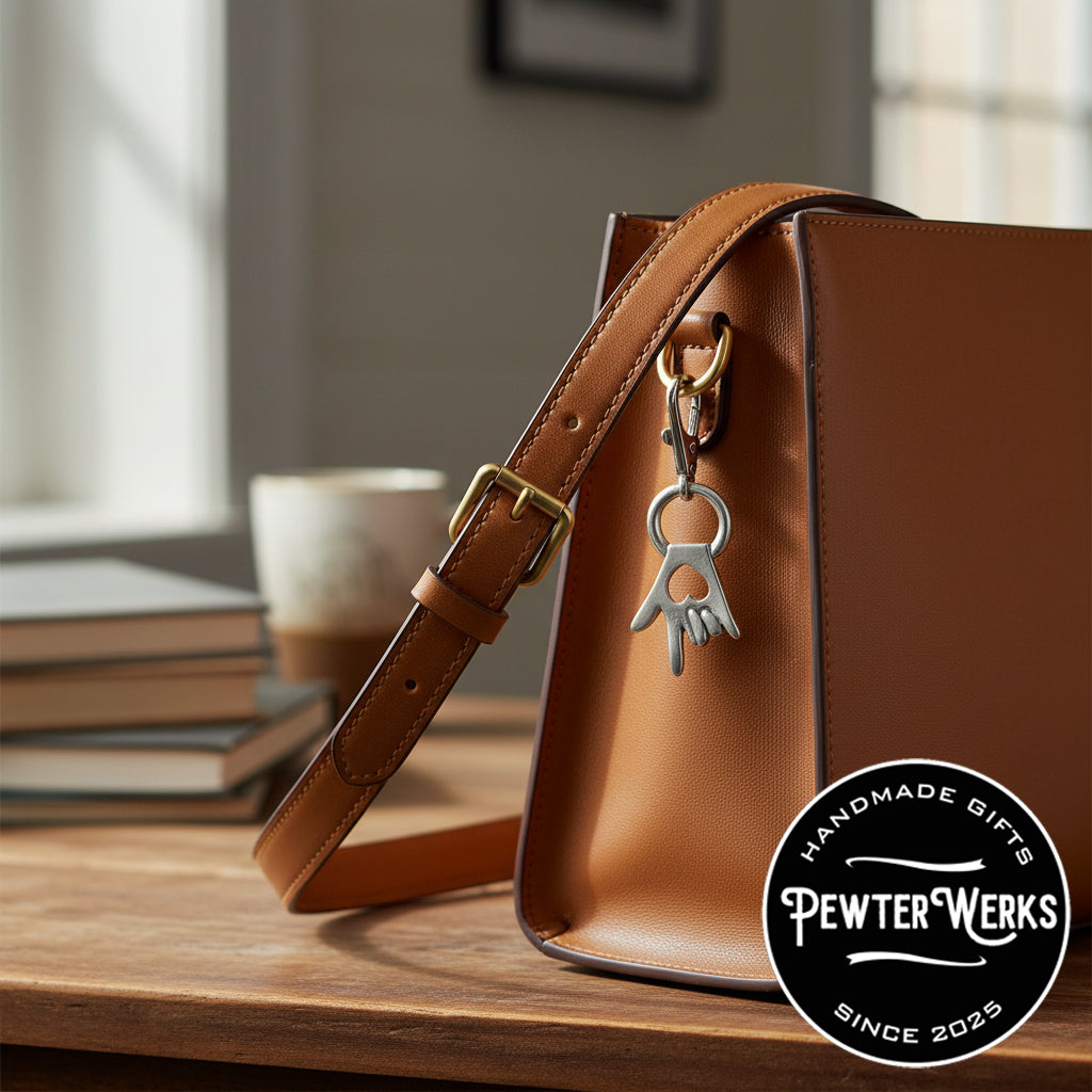 Brown leather handbag with an 'I Love You' Eyeglass Holder clipped to it. PewterWerks logo visible. 