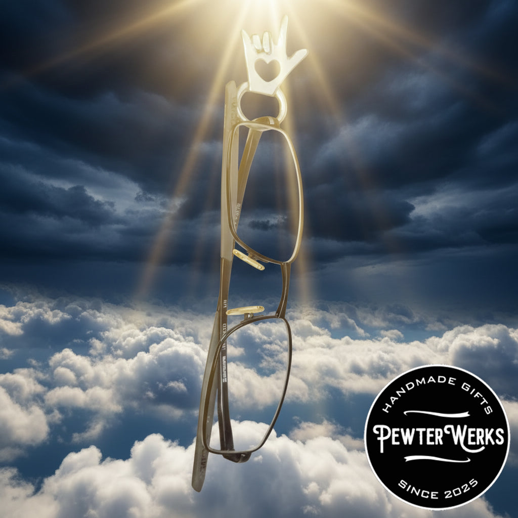 A heavenly photo of an 'I Love You' Eyeglass Holder. PewterWerks logo visible.