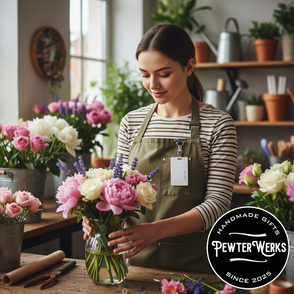 A florist with an ID badge hanging from an eyeglass holder pinned to her apron. PewterWerks logo visible.