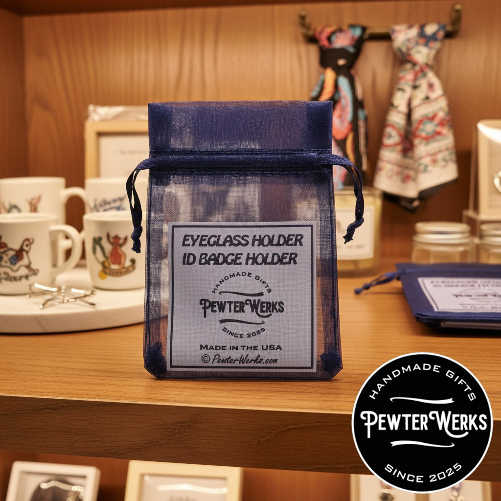 An Eyeglass Holder / ID Badge Holder Gift Bag on display. PewterWerks logo visible.