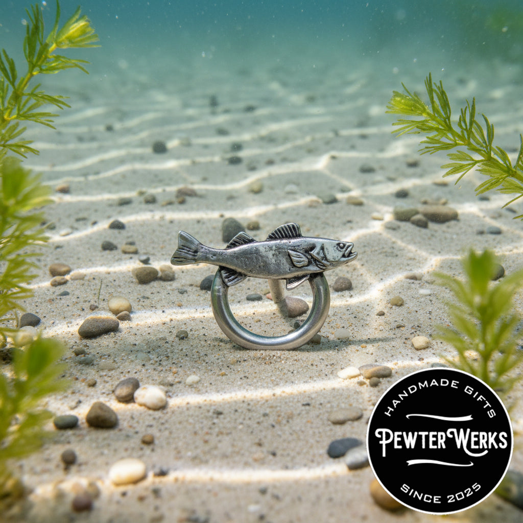 Handmade Pewter Eyeglass / ID Badge Holder Pin 'Fish a Trout' Gift Bag Included.