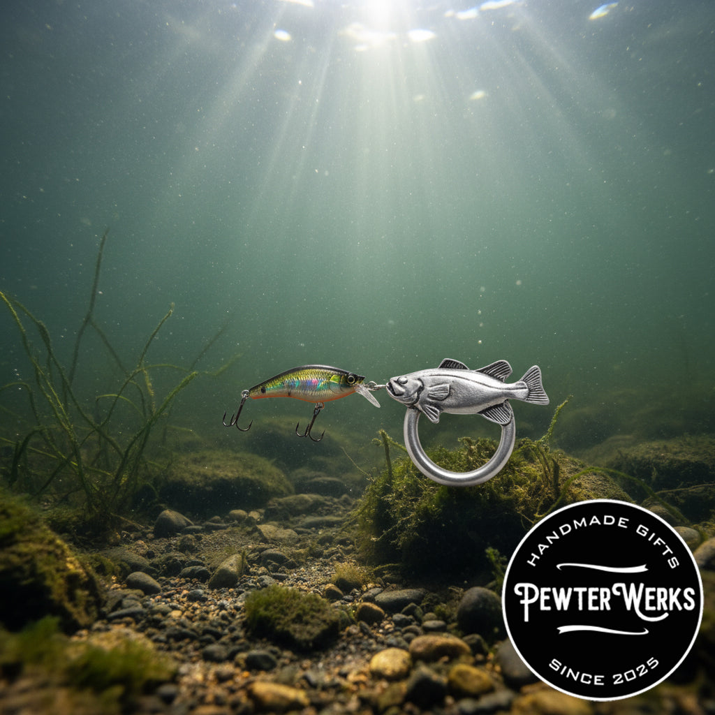 Handmade Pewter Eyeglass / ID Badge Holder Pin 'Fish a Bass' Gift Bag Included.