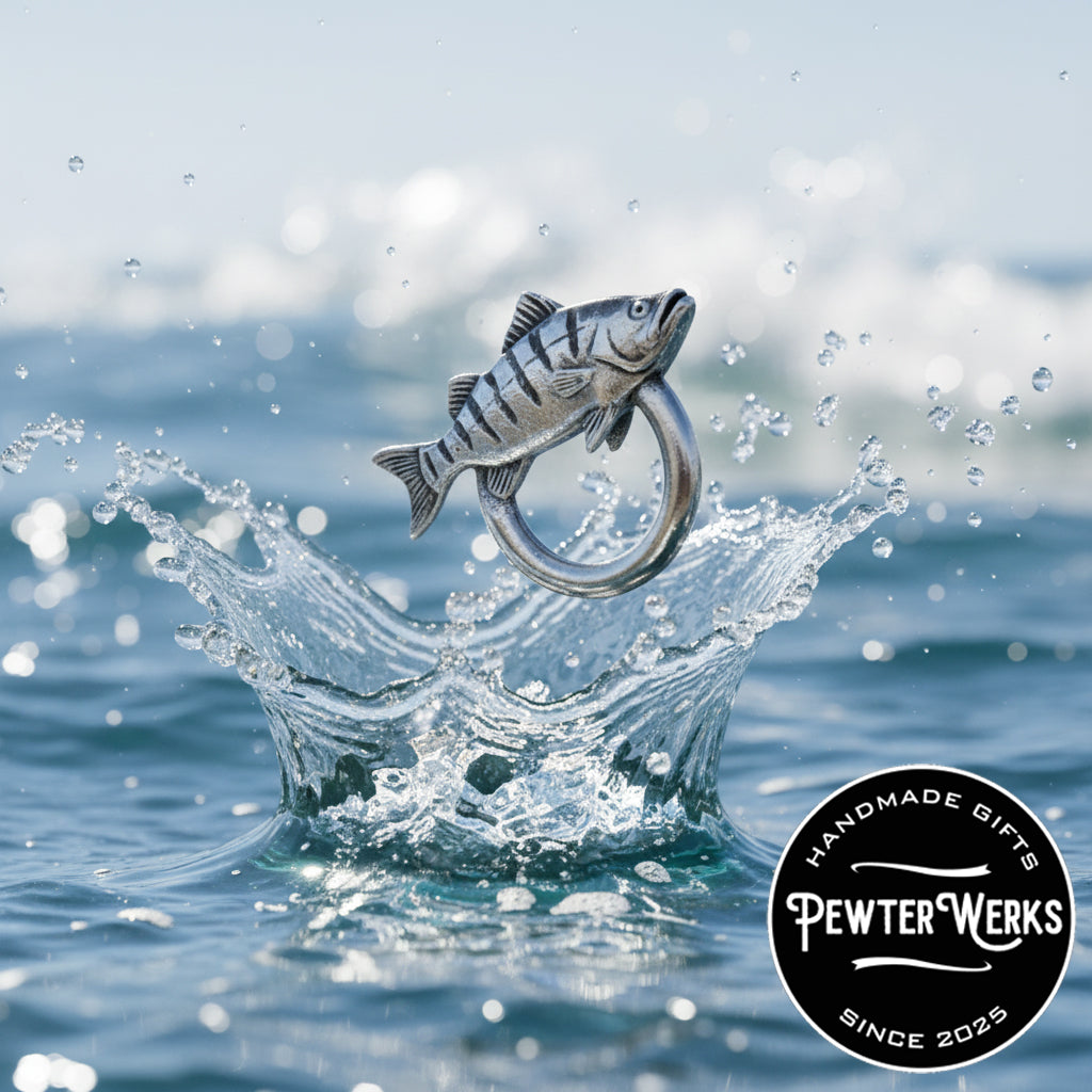 Handmade Pewter Eyeglass / ID Badge Holder Pin 'Fish a Perch' Gift Bag Included.