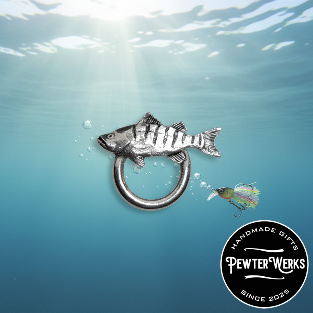 Handmade Pewter Eyeglass / ID Badge Holder Pin 'Fish a Perch' Gift Bag Included.