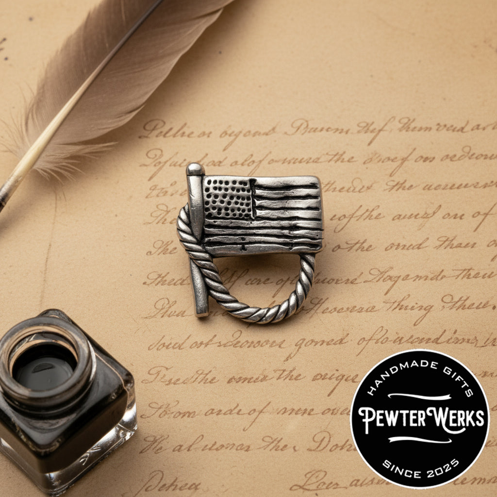 Handmade Pewter Eyeglass / ID Badge Holder Pin 'Flag No.1' Gift Bag Included.