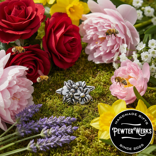 Handmade Pewter Lapel Pin 'Flower No.1' Gift Bag Included.