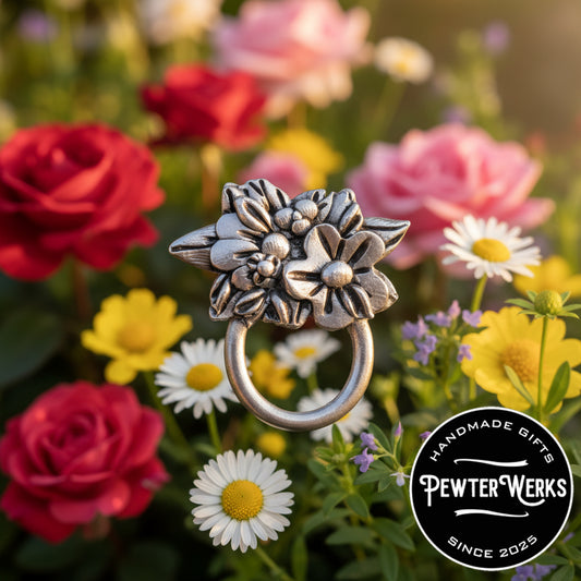 Handmade Pewter Eyeglass / ID Badge Holder Pin 'Flowers No.1' Gift Bag Included.