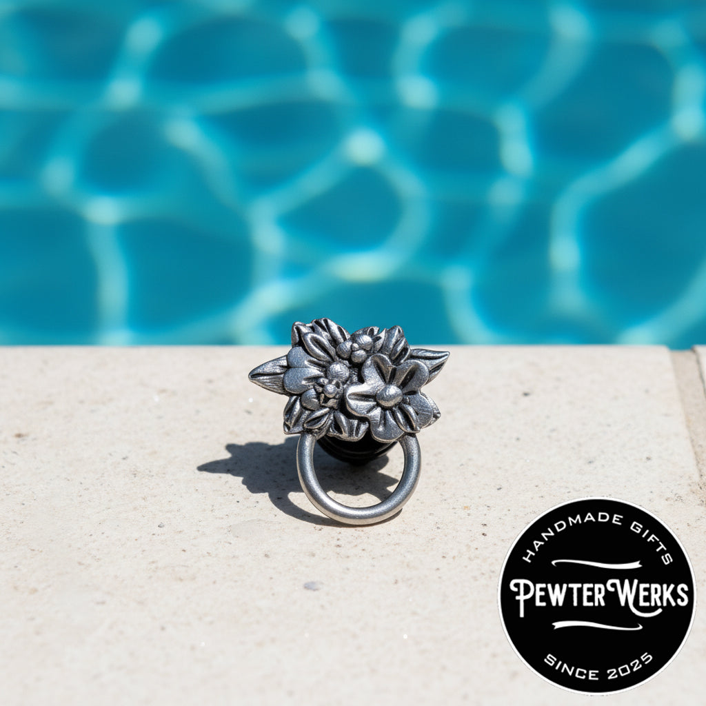 Handmade Pewter Eyeglass / ID Badge Holder Pin 'Flowers No.1' Gift Bag Included.