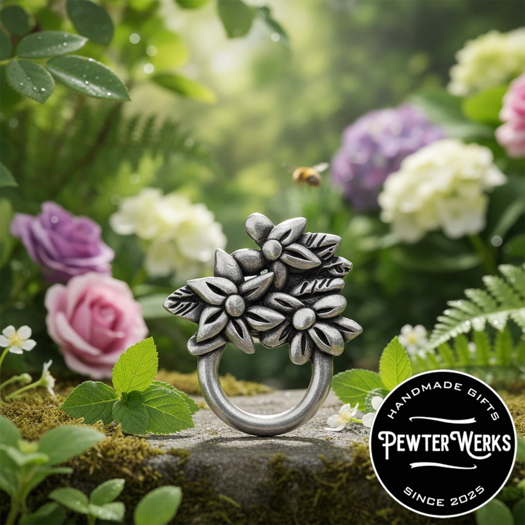 Handmade Pewter Eyeglass / ID Badge Holder Pin 'Flowers No.2' Gift Bag Included.