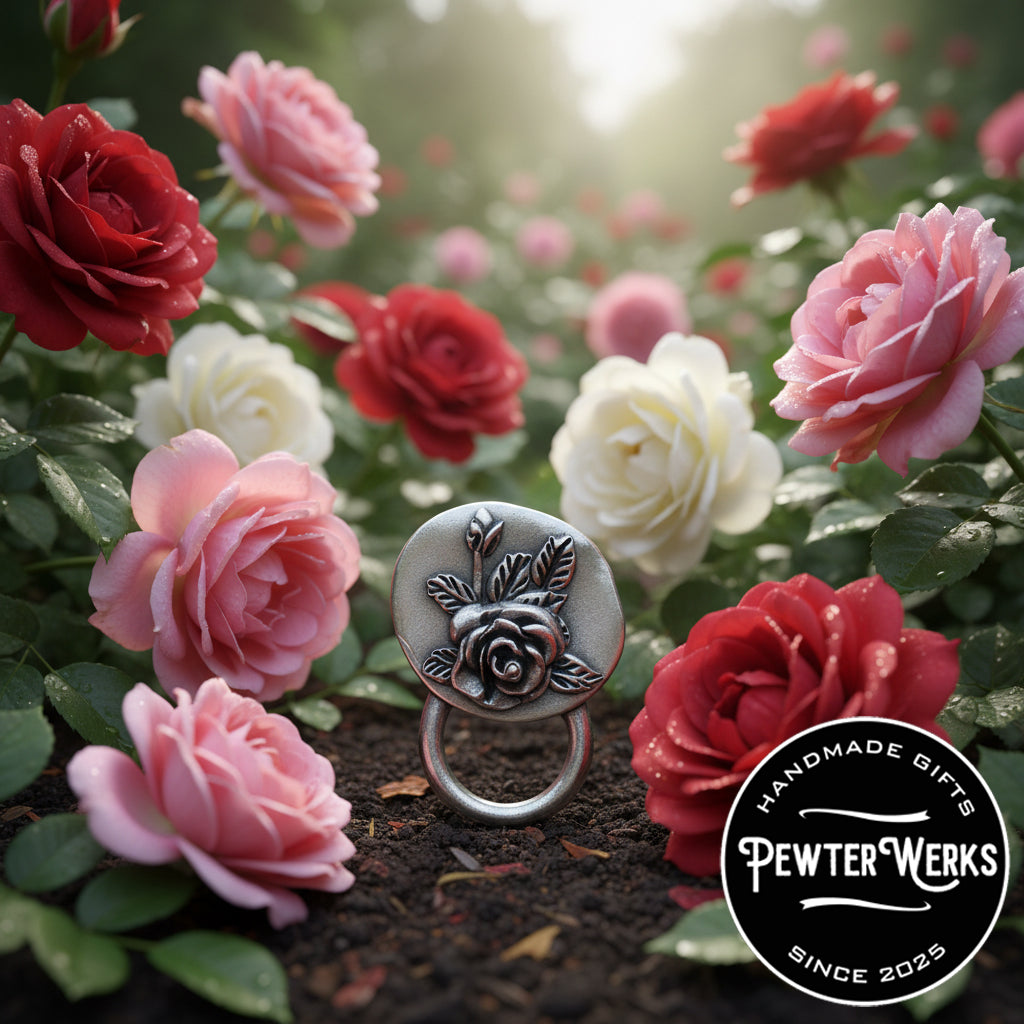 Handmade Pewter Eyeglass / ID Badge Holder Pin 'Flowers No.4' Gift Bag Included.