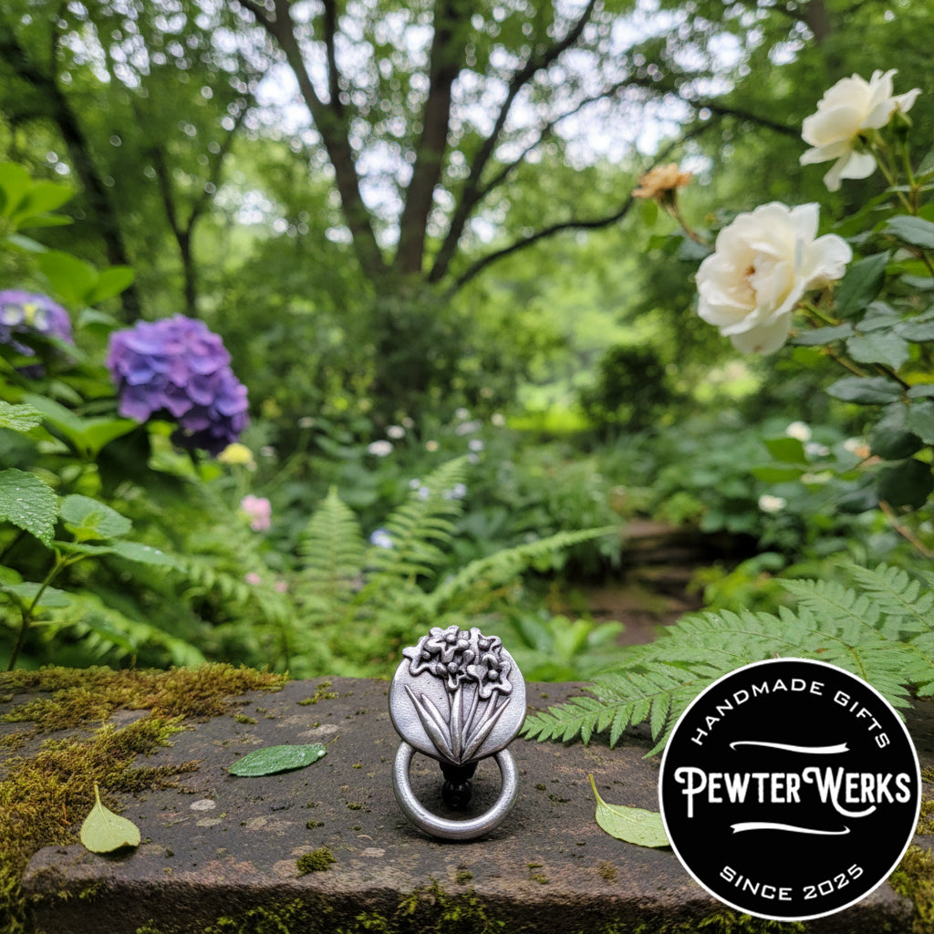 Handmade Pewter Eyeglass / ID Badge Holder Pin 'Flowers No.5' Gift Bag Included.