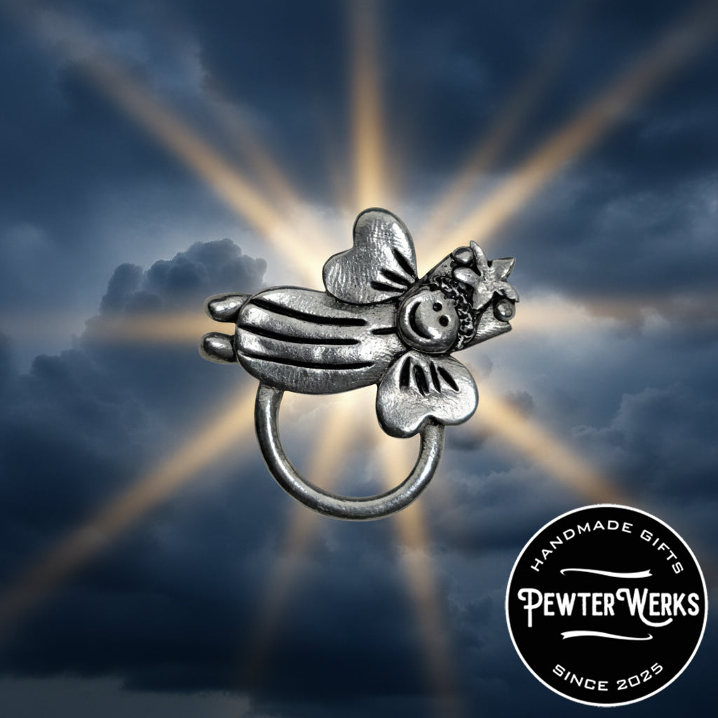 Handmade Pewter Eyeglass / ID Badge Holder Pin 'Flying Angel' Gift Bag Included.