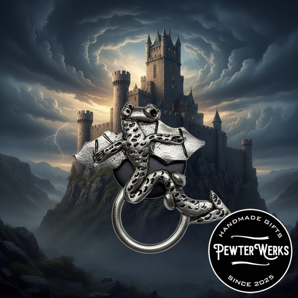 Handmade Pewter Eyeglass / ID Badge Holder Pin 'Flying Dragon' Gift Bag Included.
