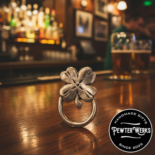 Handmade Pewter Eyeglass / ID Badge Holder Pin 'Four Leaf Clover' Gift Bag Included.