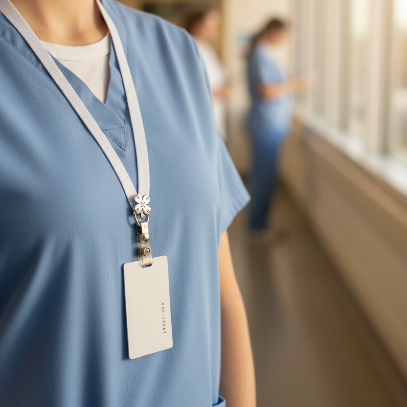 Healthcare worker with an id badge holder pinned to a lanyard wearing blue scrubs.
