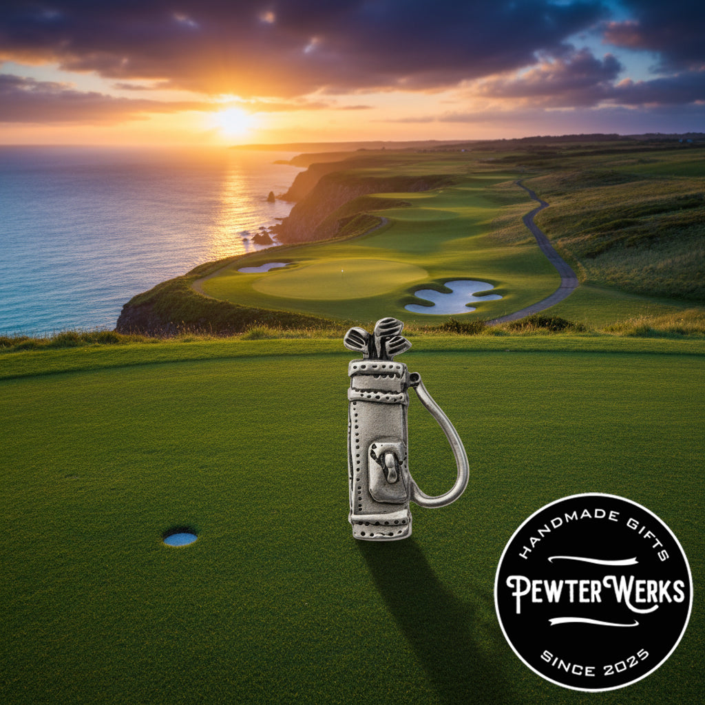 Handmade Pewter Lapel Pin 'Golf Bag' Gift Bag Included.