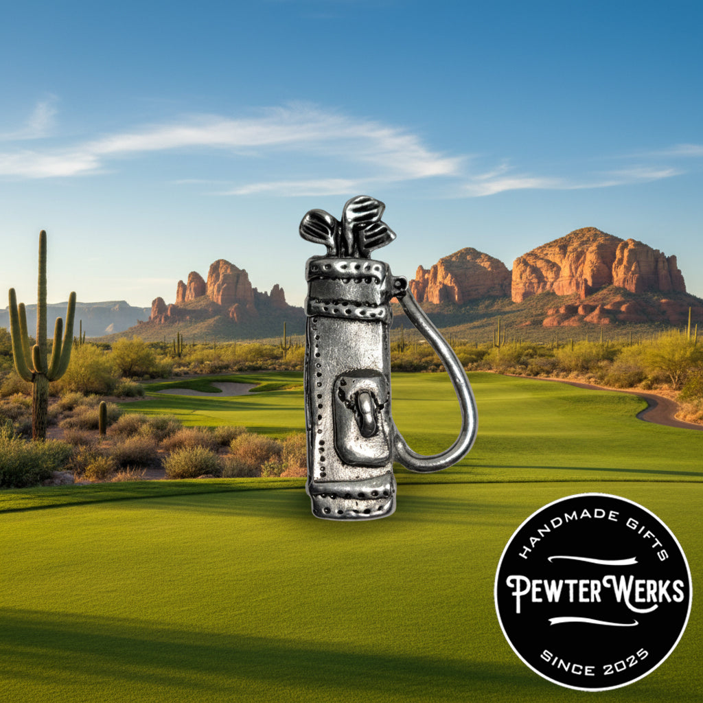 Handmade Pewter Lapel Pin 'Golf Bag' Gift Bag Included.