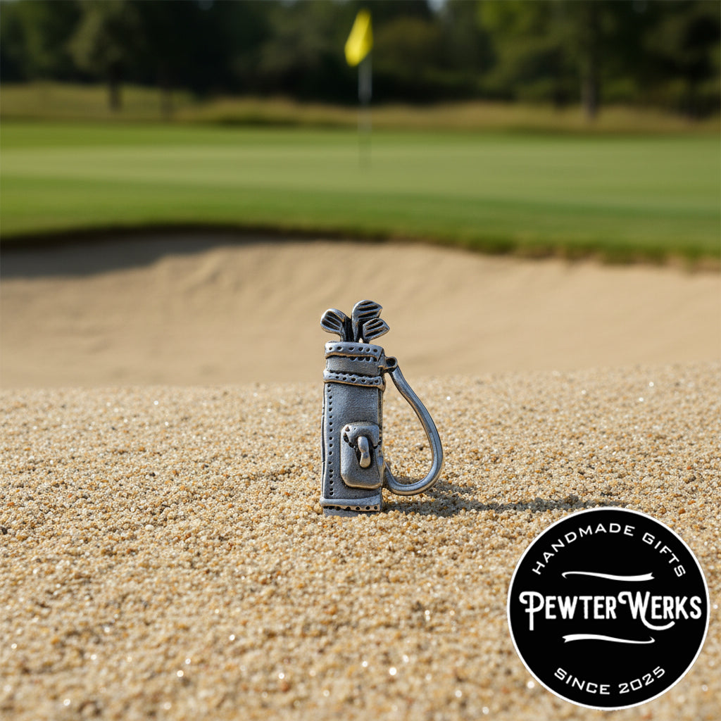 Handmade Pewter Lapel Pin 'Golf Bag' Gift Bag Included.