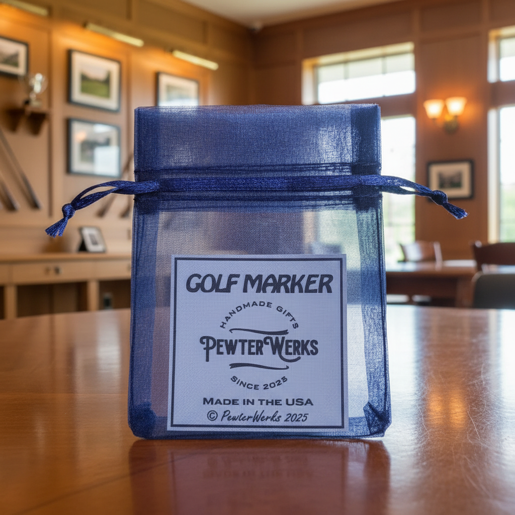 Golf marker gift bag on display in a golf club house.