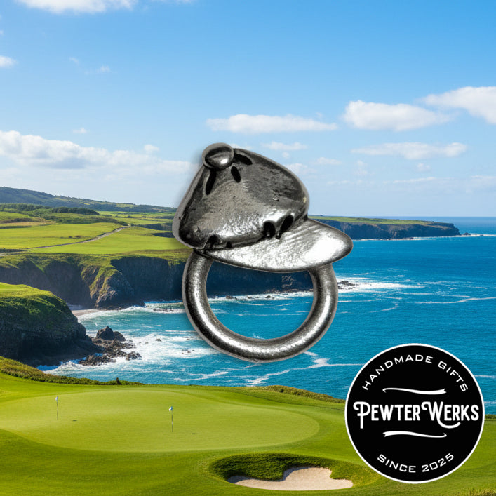 Handmade Pewter Eyeglass / ID Badge Holder Pin 'Golfer's Cap' Gift Bag Included.