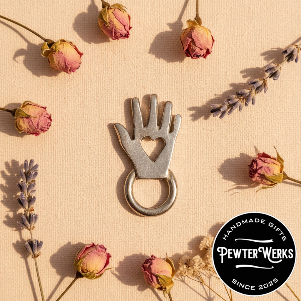 Handmade Pewter Eyeglass / ID Badge Holder Pin 'Hand with Heart' Gift Bag Included.