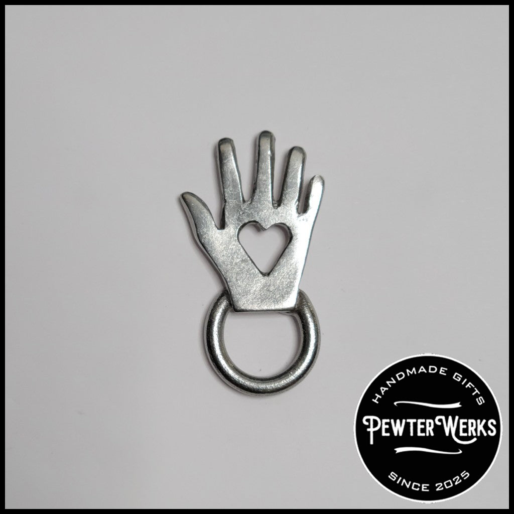 Handmade Pewter Eyeglass / ID Badge Holder Pin 'Hand with Heart' Gift Bag Included.