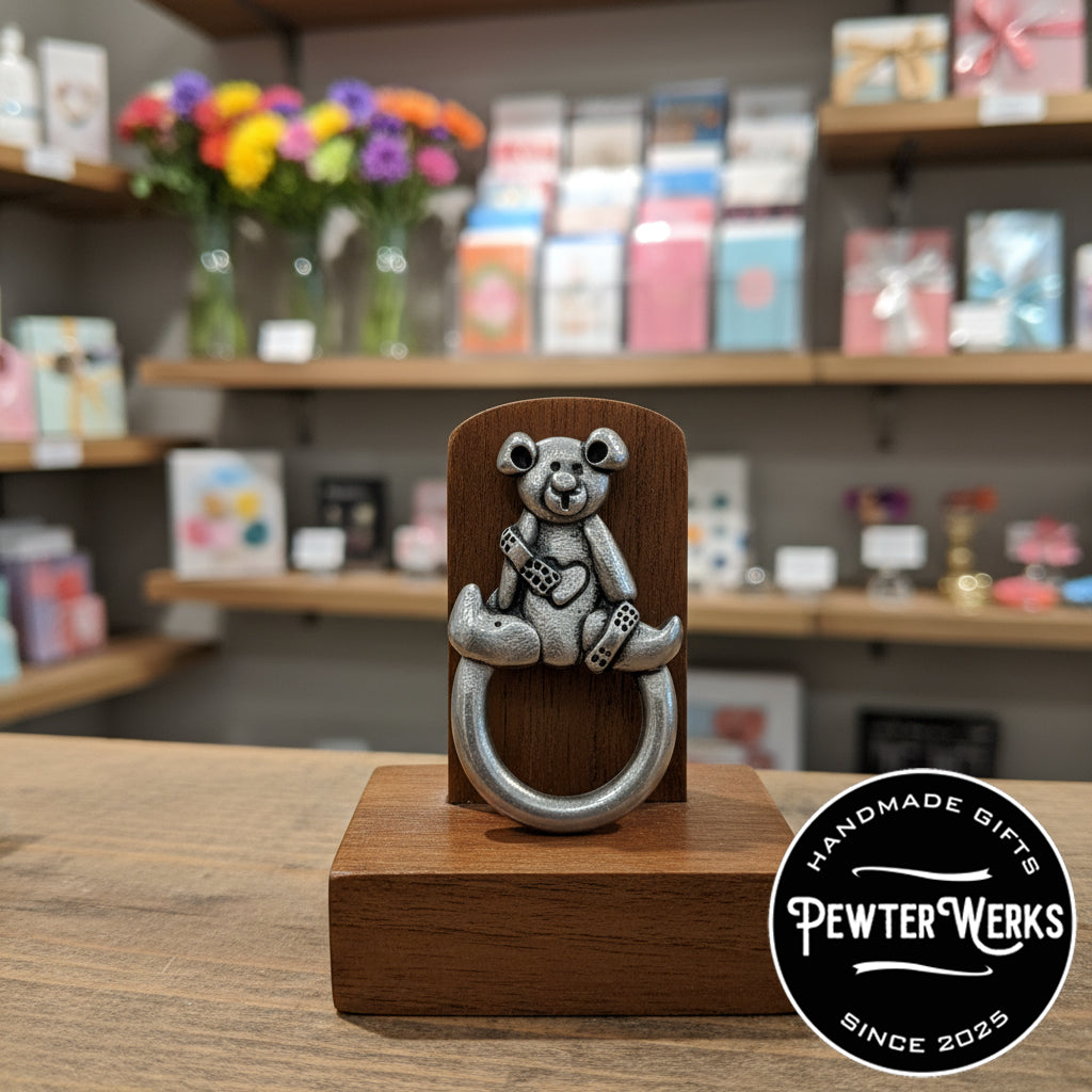 Handmade Pewter Eyeglass / ID Badge Holder Pin 'Healing Bear' Gift Bag Included.