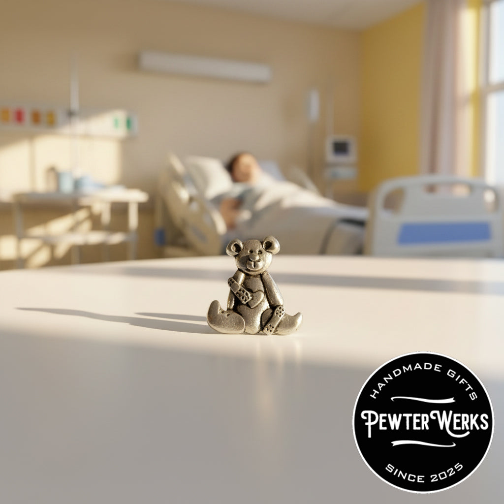 Handmade Pewter Lapel Pin 'Healing Bear' Gift Bag Included.