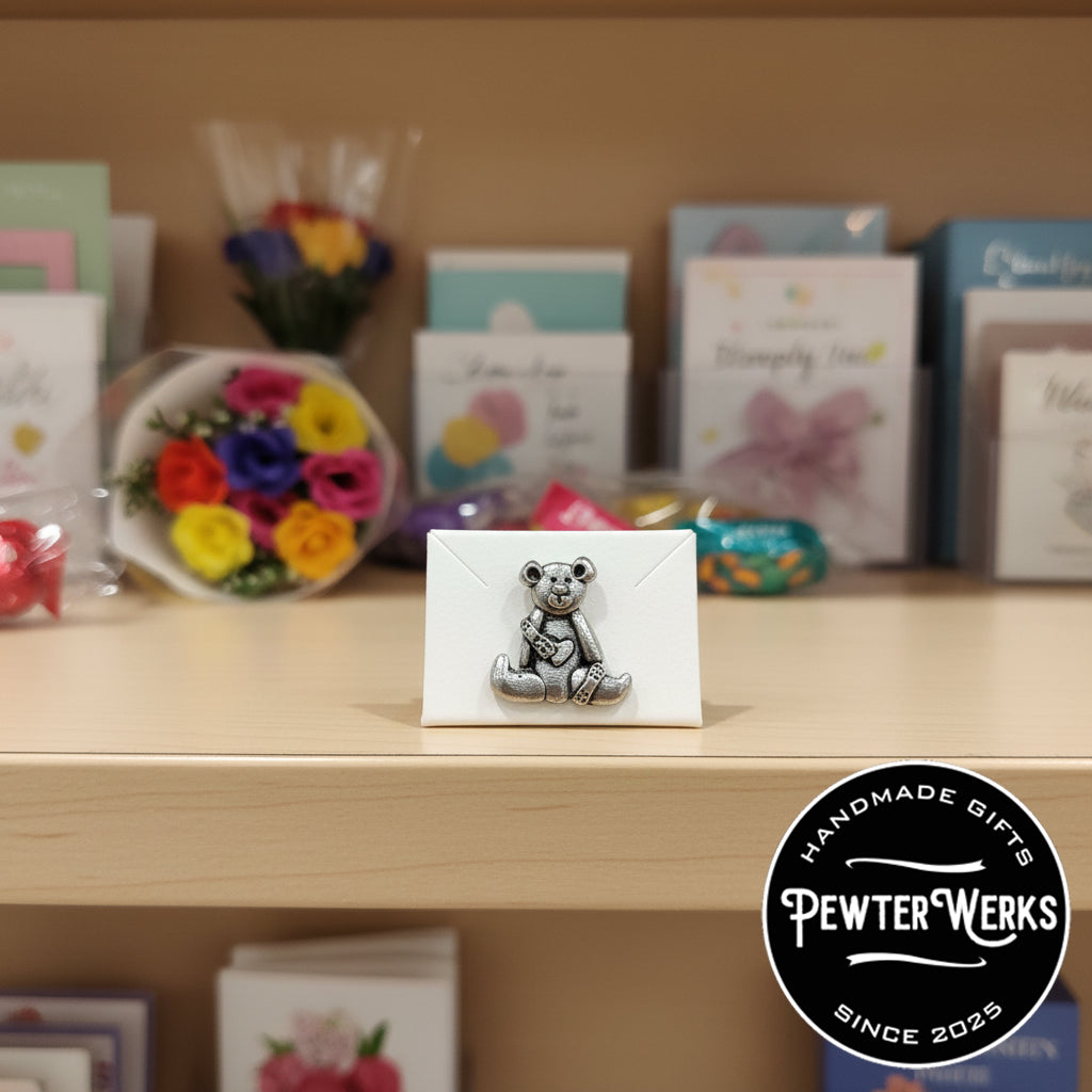 Handmade Pewter Lapel Pin 'Healing Bear' Gift Bag Included.