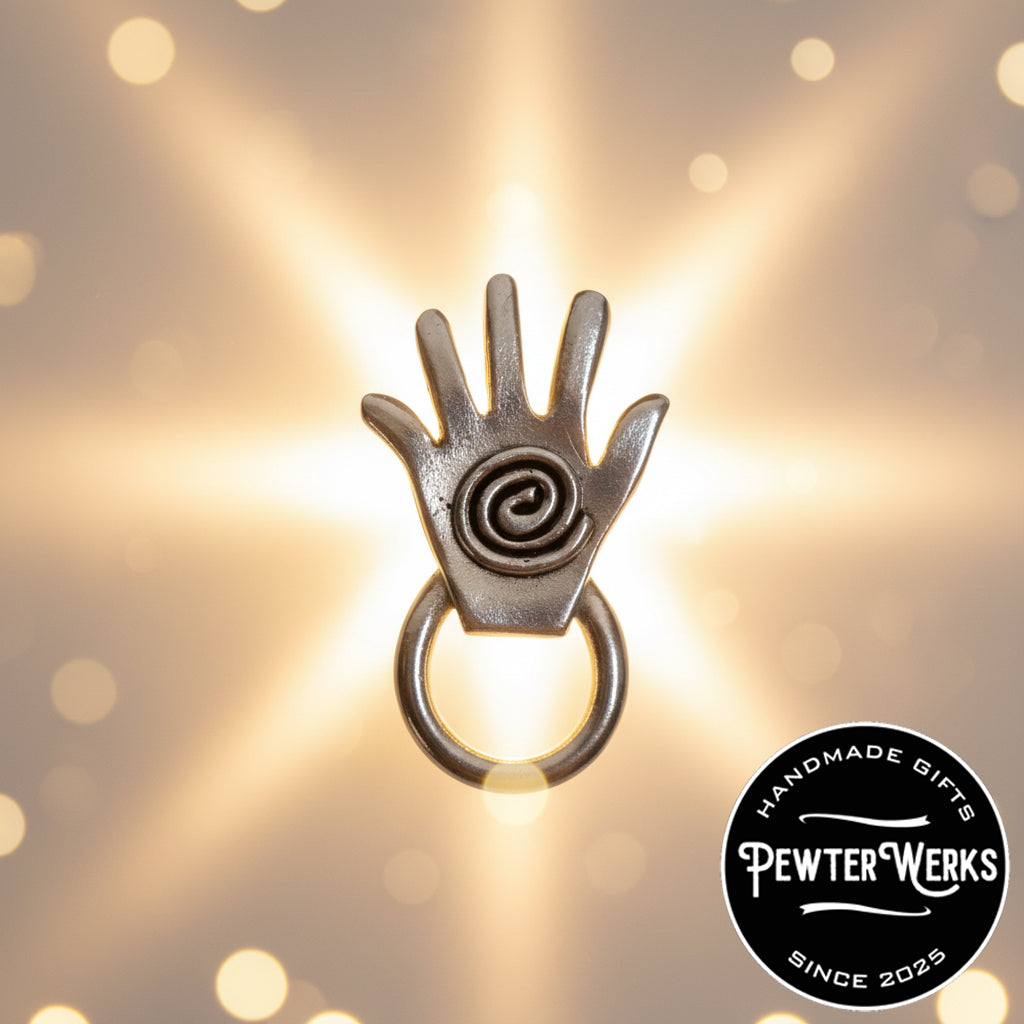 Handmade Pewter Eyeglass / ID Badge Holder Pin 'Healing Hand' Gift Bag Included.
