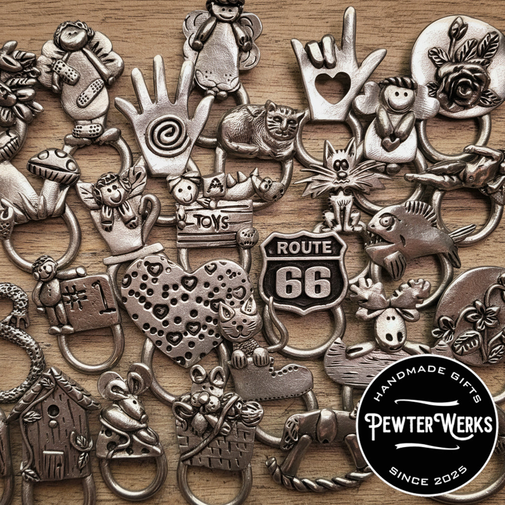 Collection of various pewter eyeglass holders on a wooden surface with PewterWerks logo.
